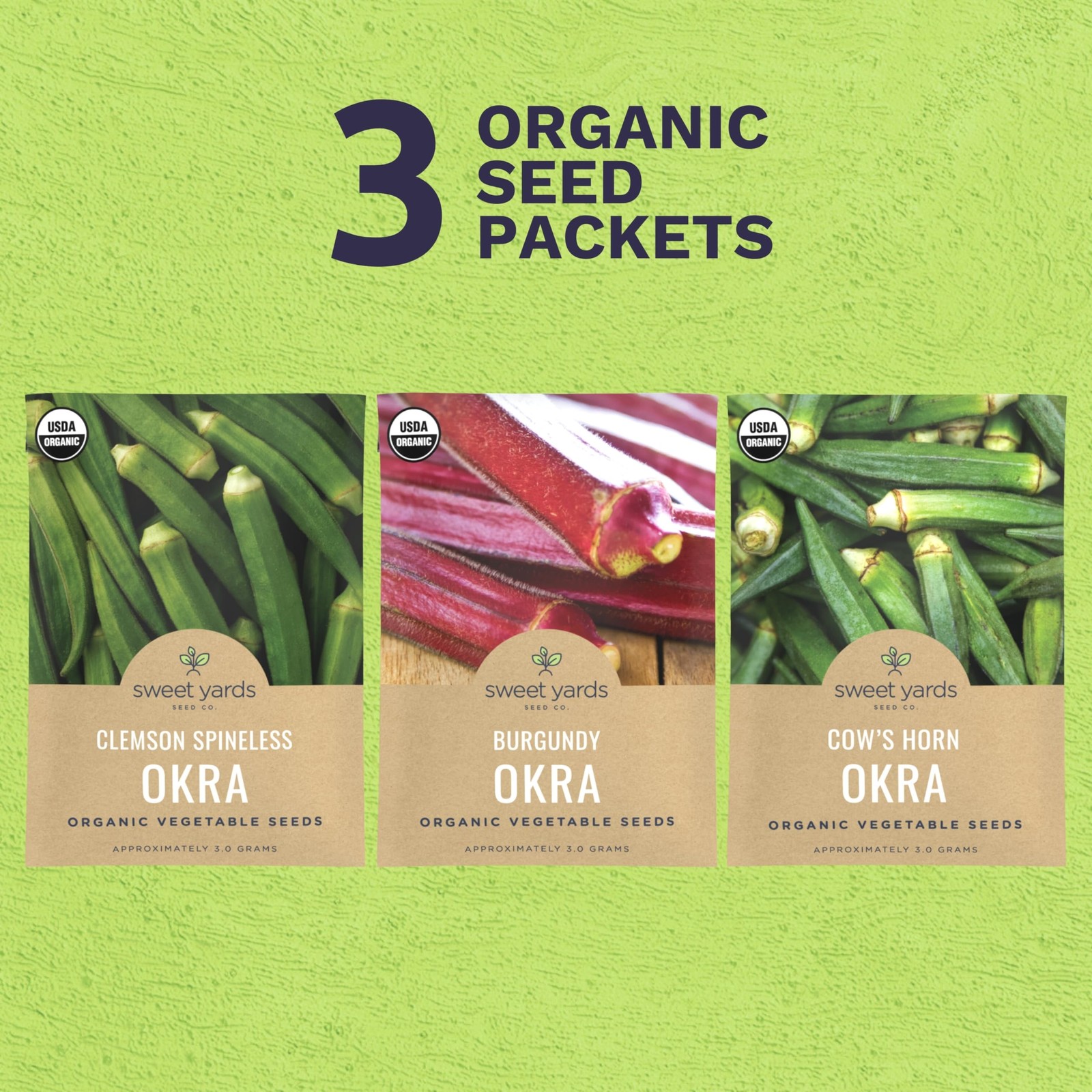 Organic Okra Lovers Seeds Variety Pack – 3 Individual Packs – variety pack