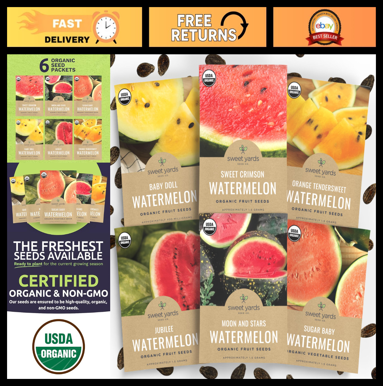 Organic Watermelon Seeds Variety Pack – 6 Non-GMO Packs for Indoor/Outdoor Plant