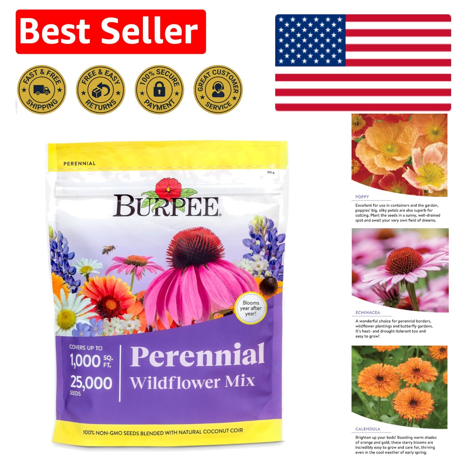 Heirloom Wildflowers Mix – 25,000 Non-GMO Seeds for Pollinators | Spring to Fall