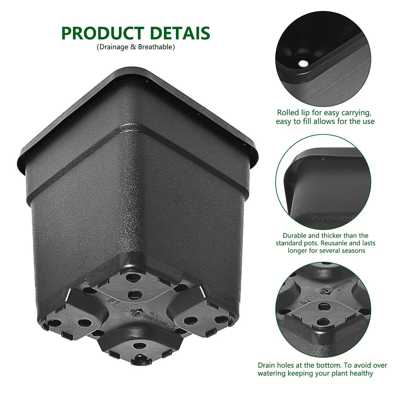 RainMan S 10-Pack 2 Gallon Square Nursery Pots Flower Plant Container
