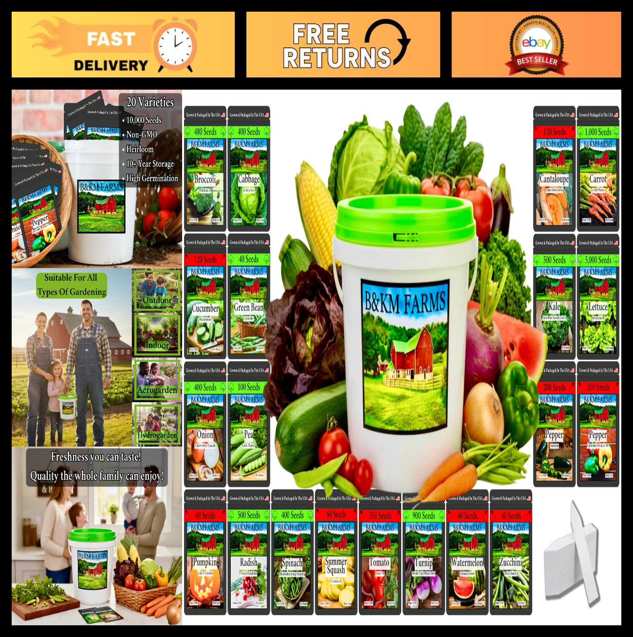 10,000+ Heirloom Non-GMO Survival Seed Vault – 20 Easy Grow Varieties for Beginn