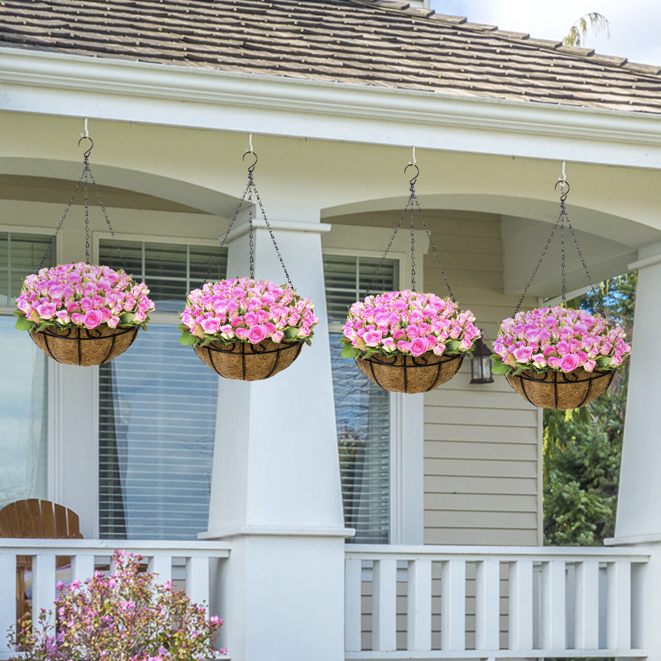 4 Pack Metal Hanging Planter Huge 14″ Flower Pot Coco Coir Liner Indoor/Outdoor
