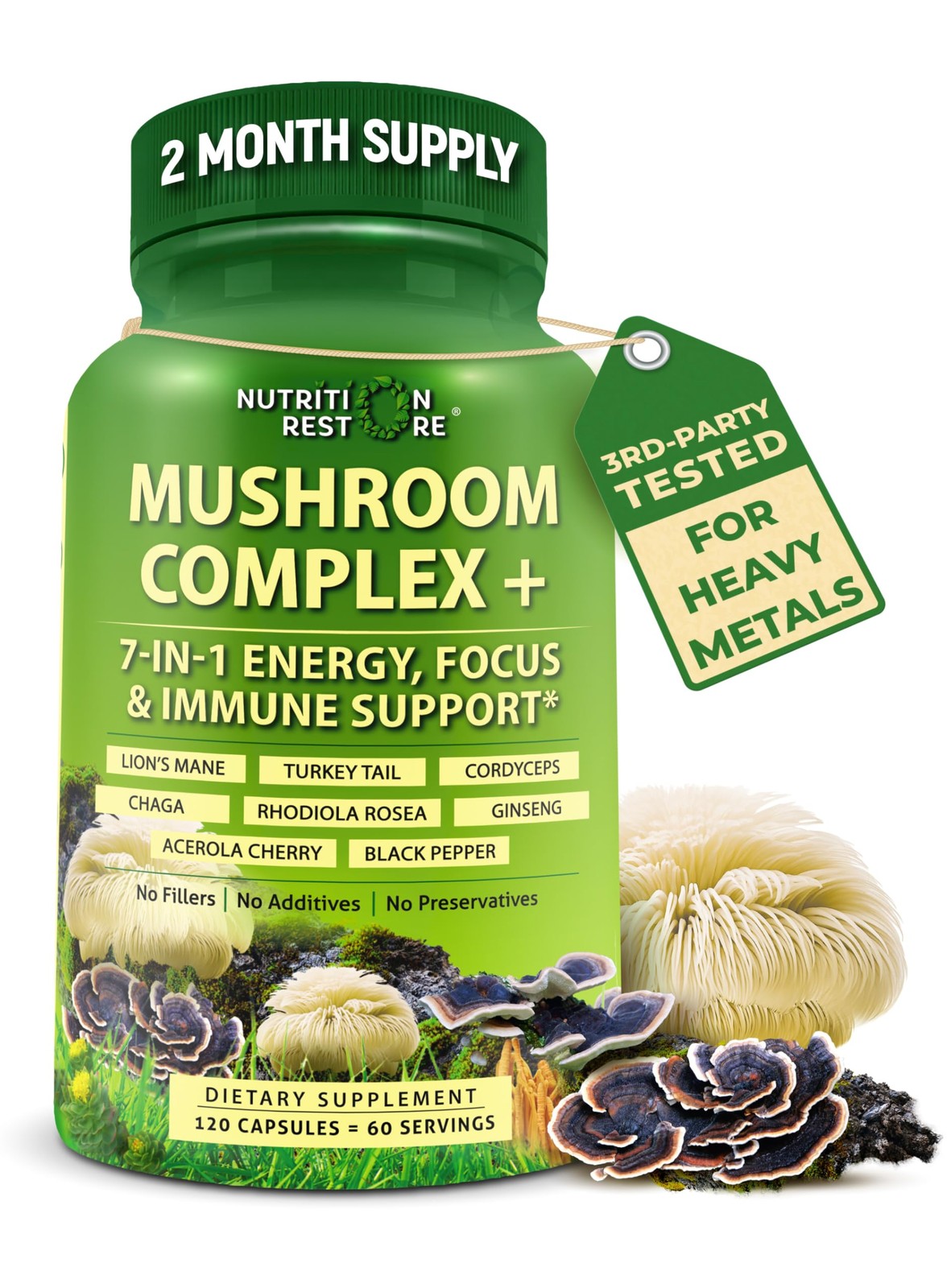 Organic Mushroom Complex: Lion’s Mane, Turkey Tail, 120 Count (Pack of 1)