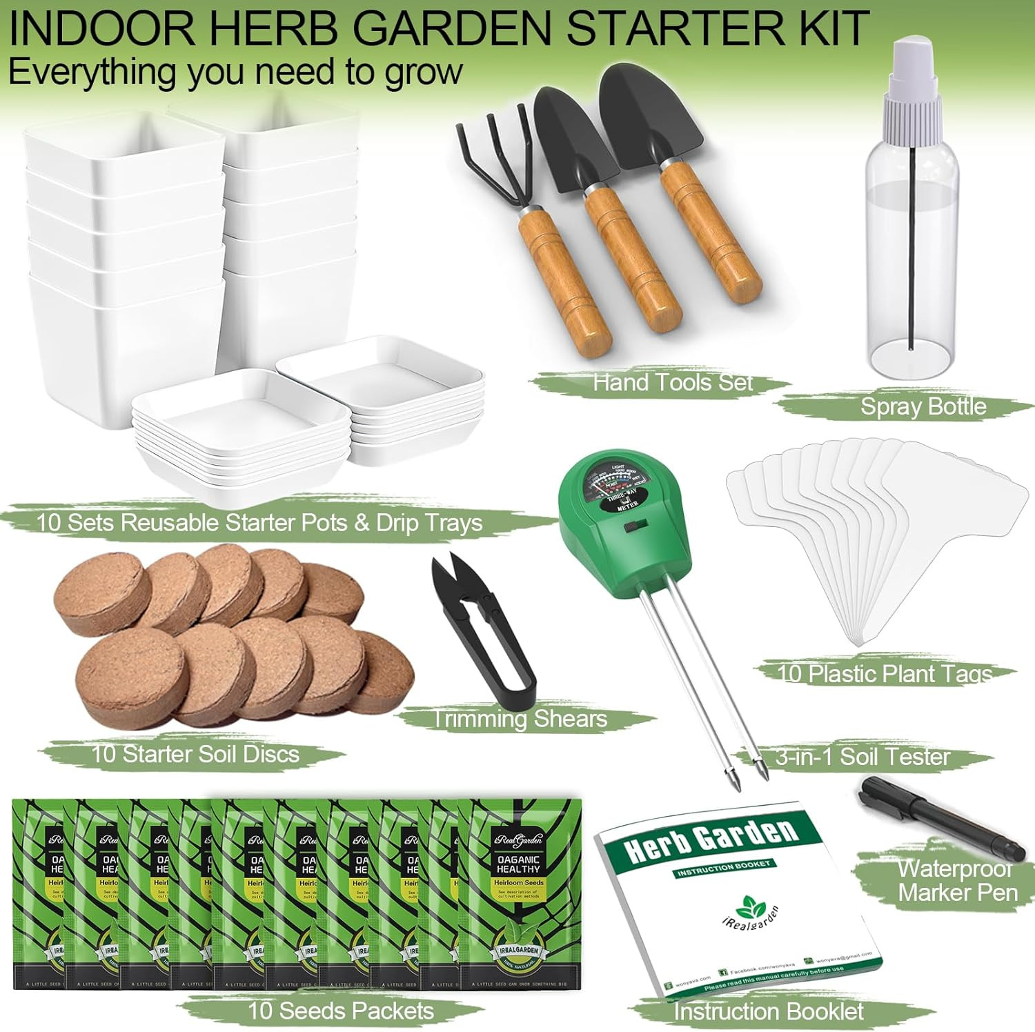 Indoor Herb Garden Kit – 10 Non-Gmo Herb Seeds with Soil, Pots & Moisture Meter