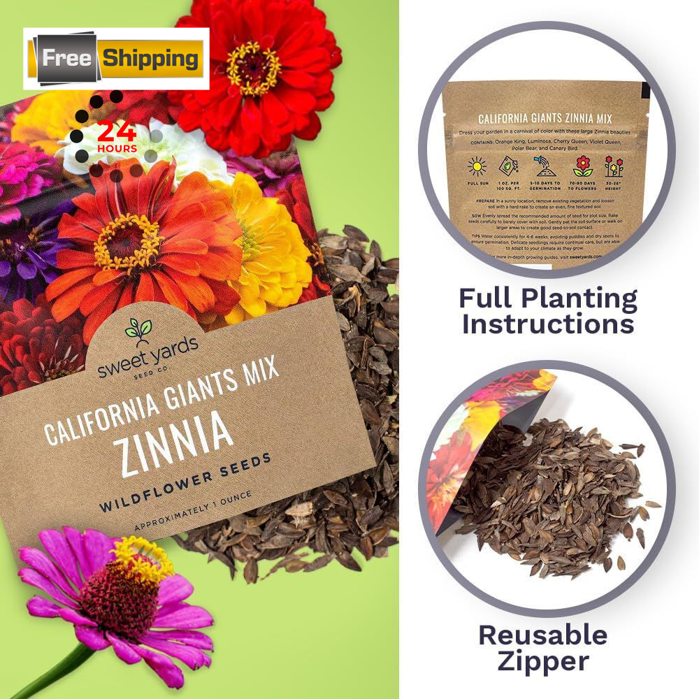 Zinnia Seeds – California Giants Mix – Large 1 1 Ounce Pouch, Multiple Colors