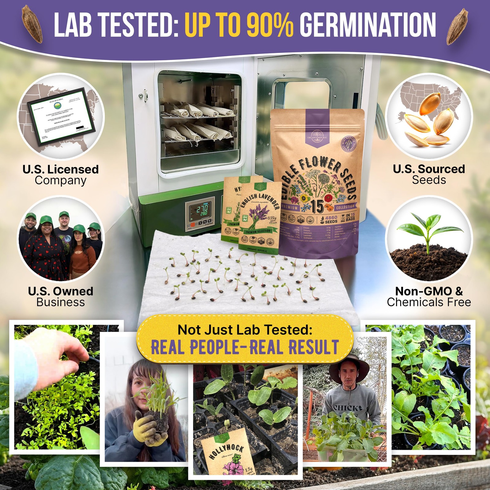 Organo Republic 15 Edible 15 Flower Seeds, White, Purple, Green, Blue