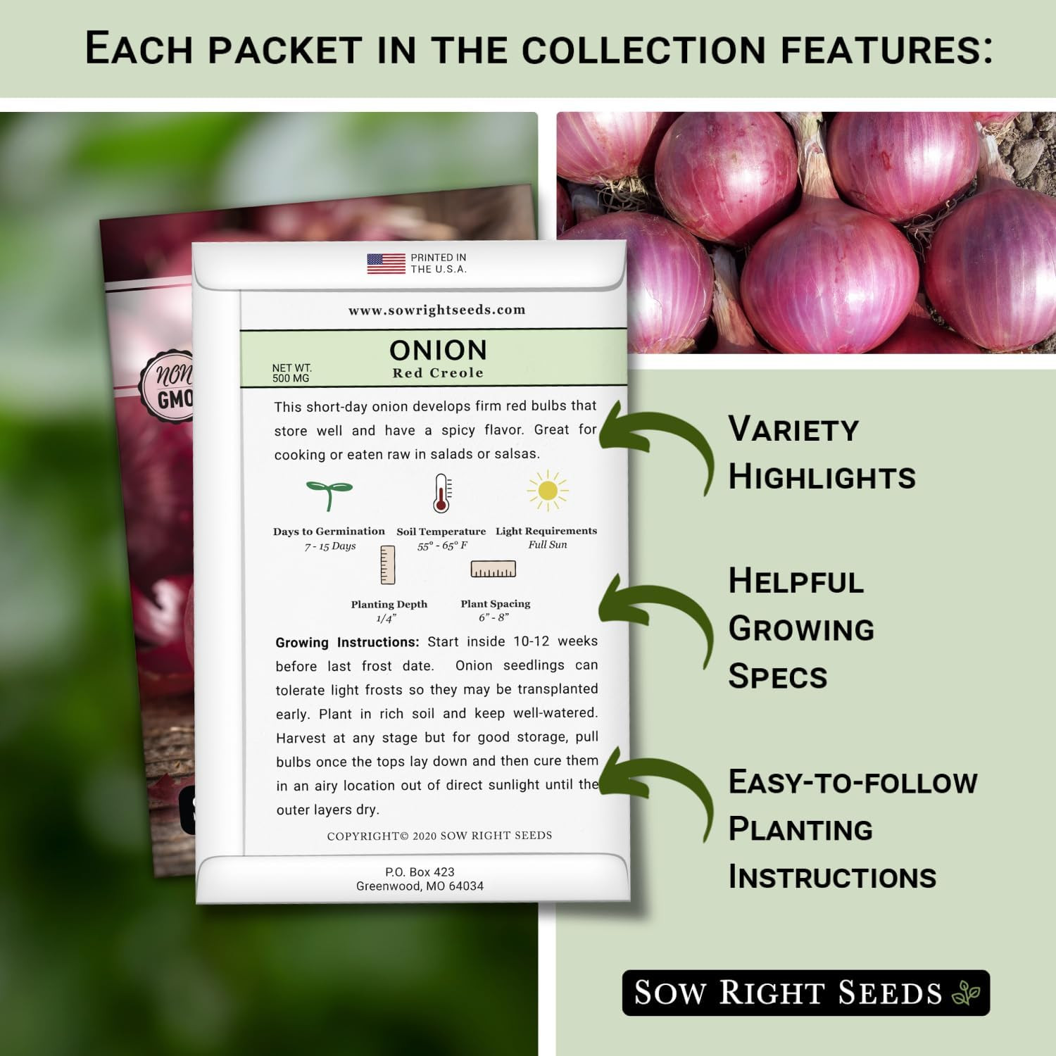 – Short Day Onion Seed Collection for Planting – Red Creole, Crystal White Wax,