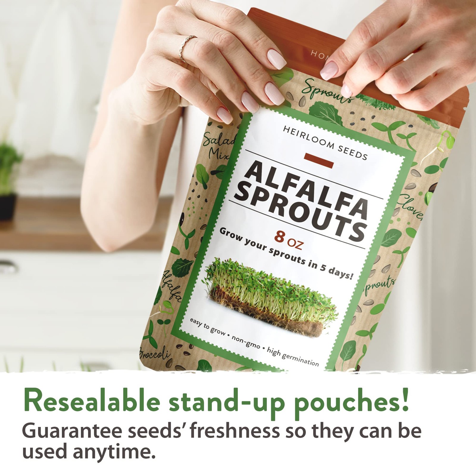 HOME GROWN Alfalfa Sprout Seeds 8 oz Bulk Heirloom Non-GMO, USA 1-Pack, Green