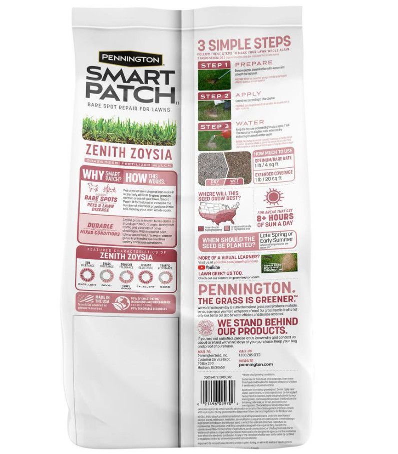 5lbs Smart Patch Zenith Zoysia Grass Seed Mix, Zenith Grass Seeds for Lawn