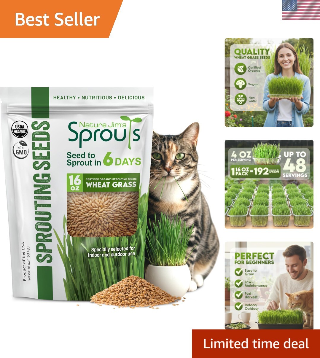 Nutrient-Rich Organic Wheat Grass Seeds – Resealable 16oz Bag for Indoor Growing