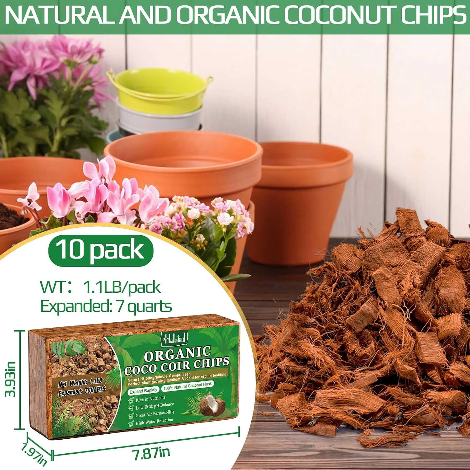 Halatool 10 Pcs Coco Husk Chips for Plants – 11 LB 100% Organic Coconut Coir Chi