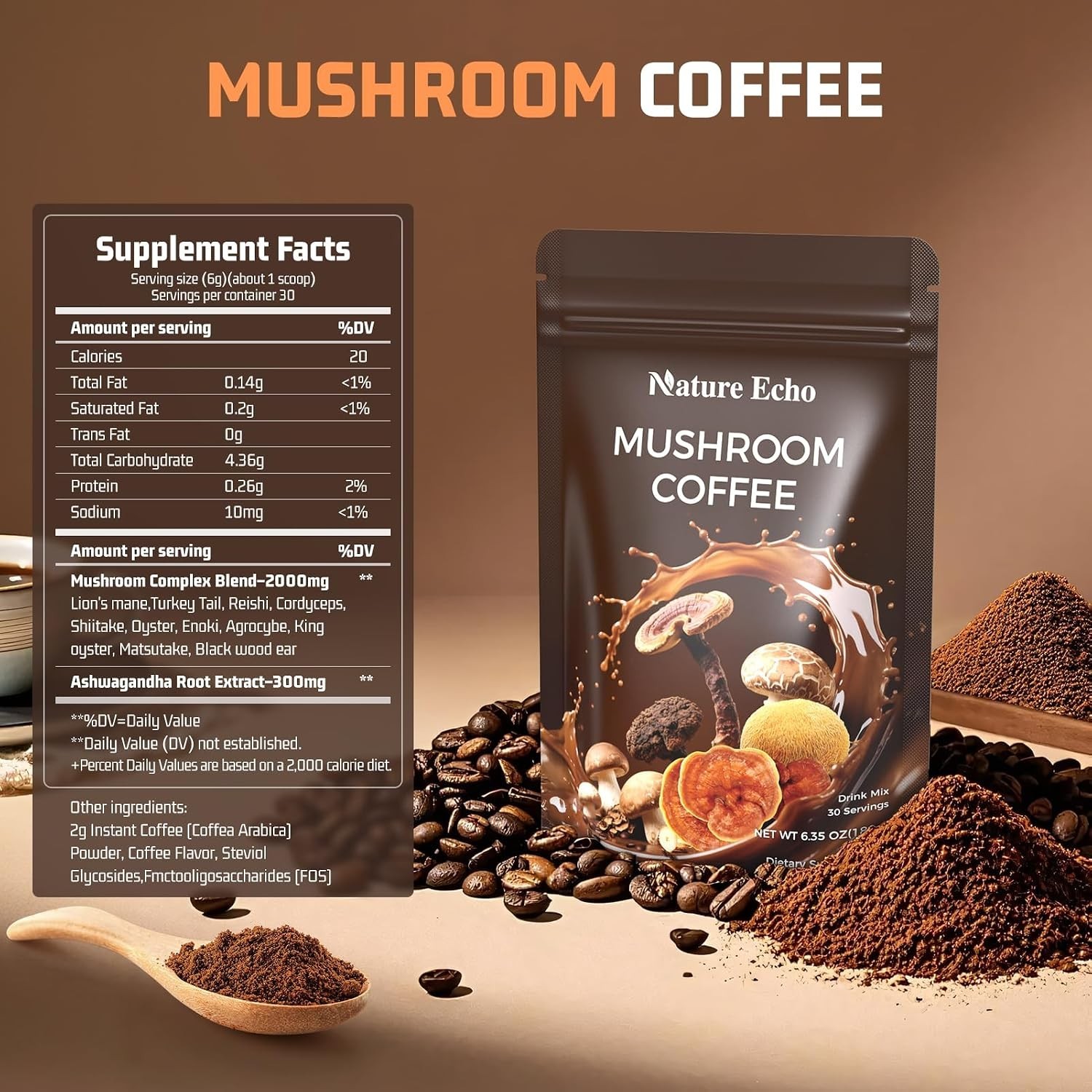 Mushroom Coffee 11 in 1 Mushrooms with Ashwagandha, Lion’s Mane, Reishi, Cord…