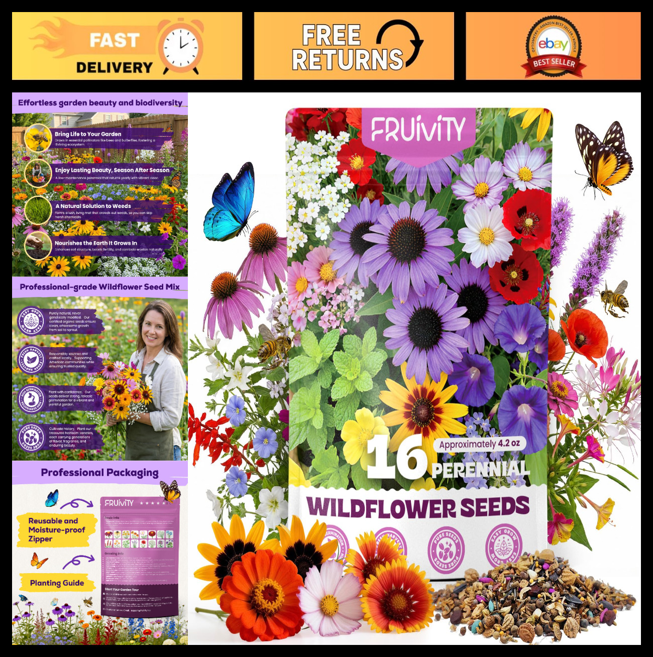 200,000+ Wildflower Seeds Bulk – 16 Varieties Perennial & Annual Mix, Attract Po