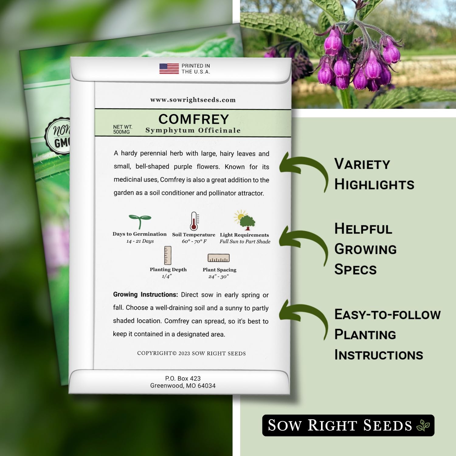 Sow Right Seeds – Comfrey Seeds for Planting – Non-GMO Heirloom Packet with Inst