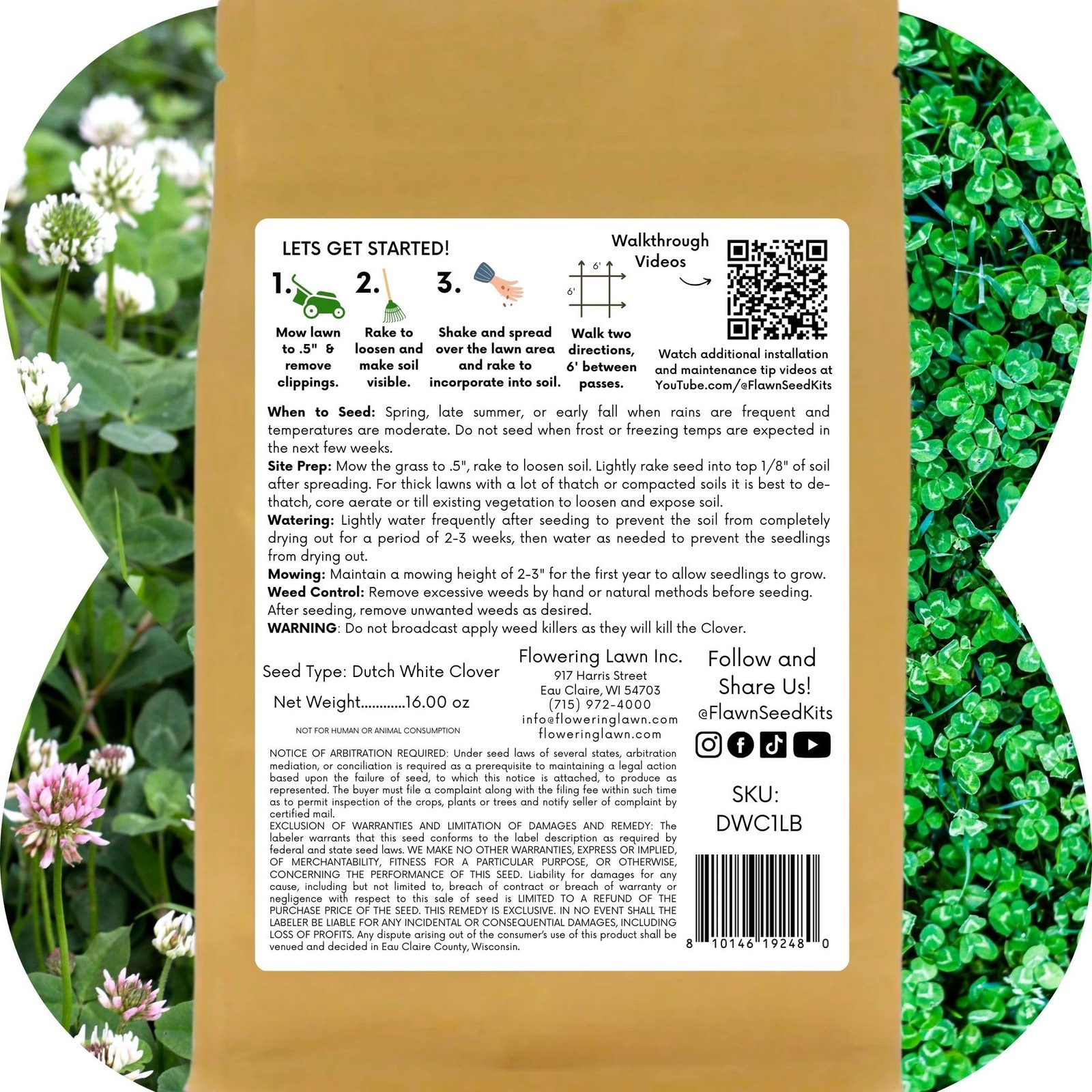 Flawn Seed Kits White Dutch Clover Seed, 1 Lb, Organic Coated, Natural Lawn, …