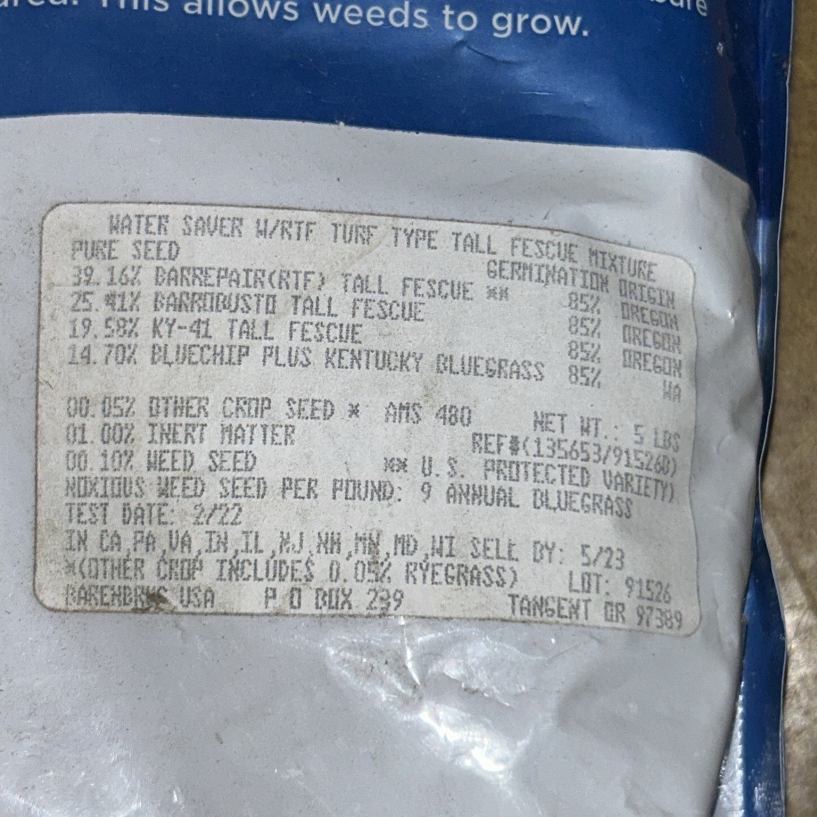 5 Lbs. Tall Fescue With Rtf Grass Seed Blend | Saver Water Barenbrug Lawn Of