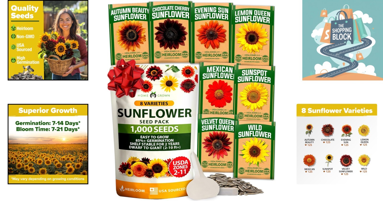 8 Varieties Sunflower Seeds Pack 1000+ Non-GMO for Garden, Indoor & Outdoor