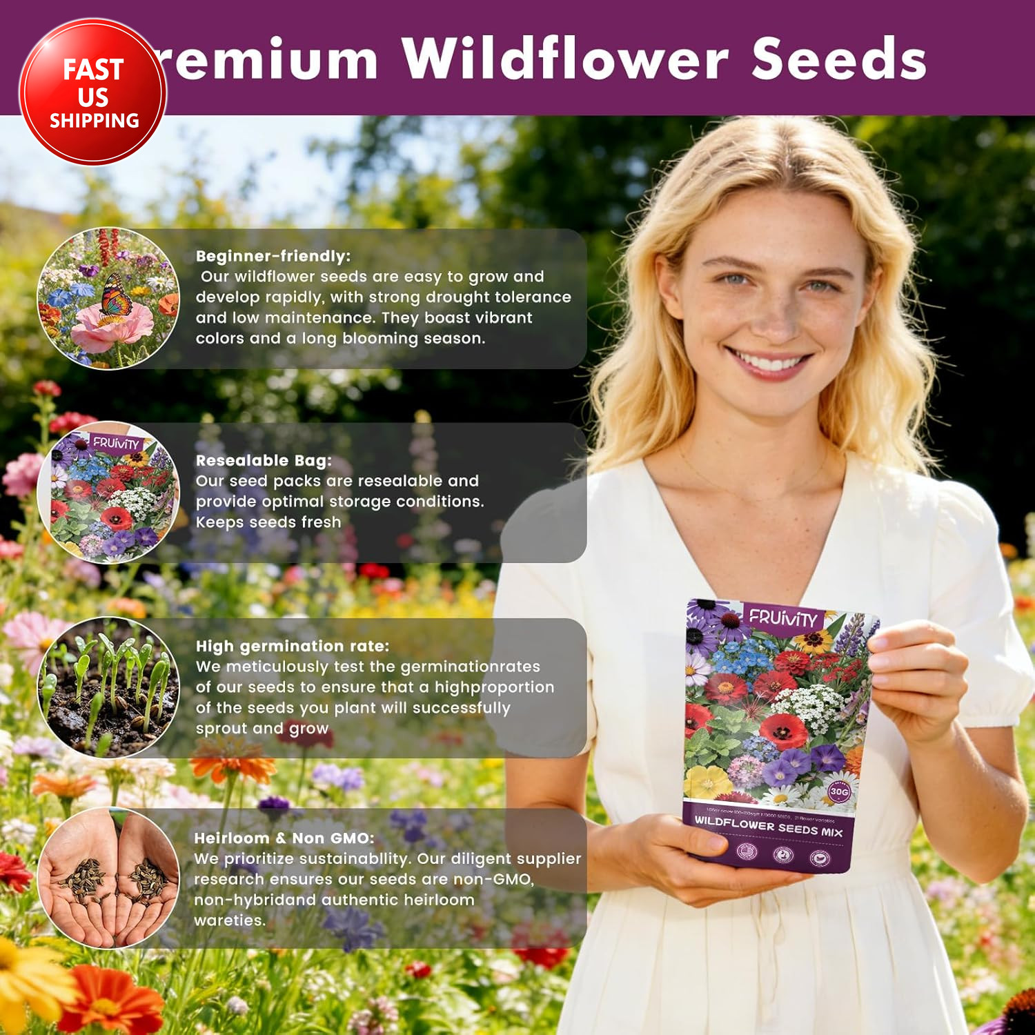 Wildflower Seeds Bulk 10000+, 1.06Oz Butterfly Hummingbird Mix, 21 Variety Peren