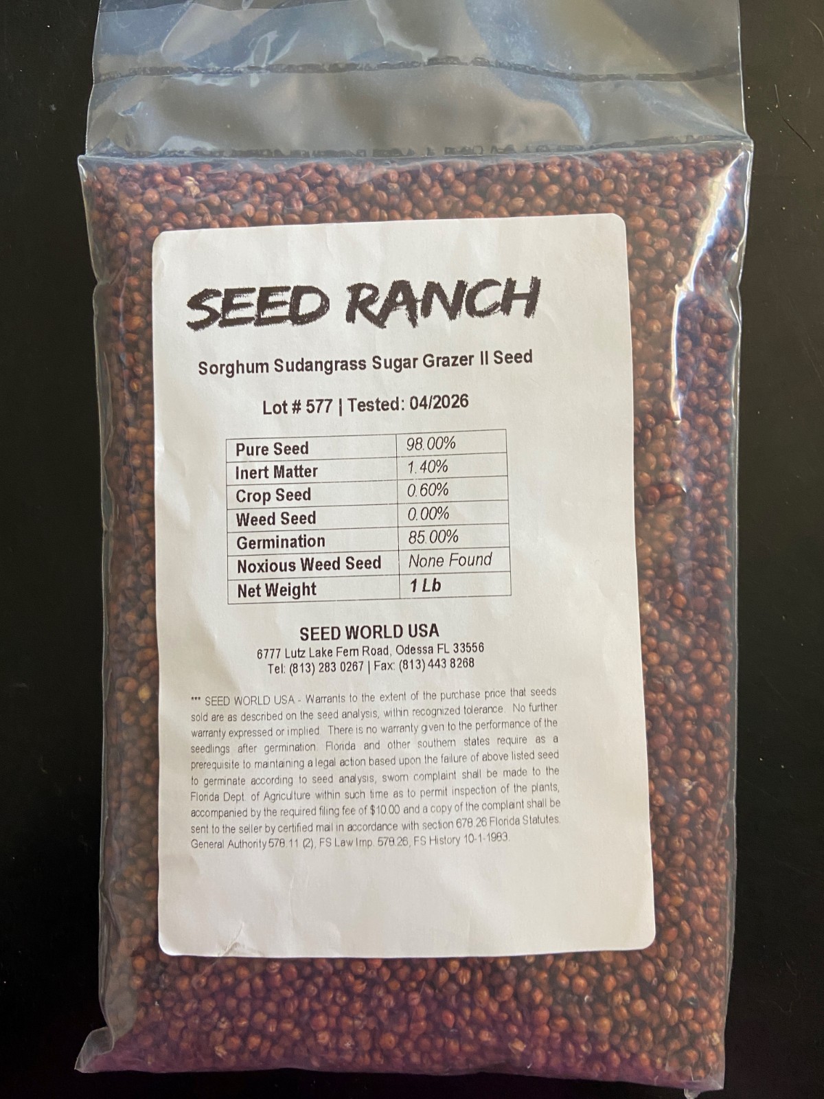 Sorghum Sudangrass Sugar Grazer II Seeds – 1 Lb Package, NEW