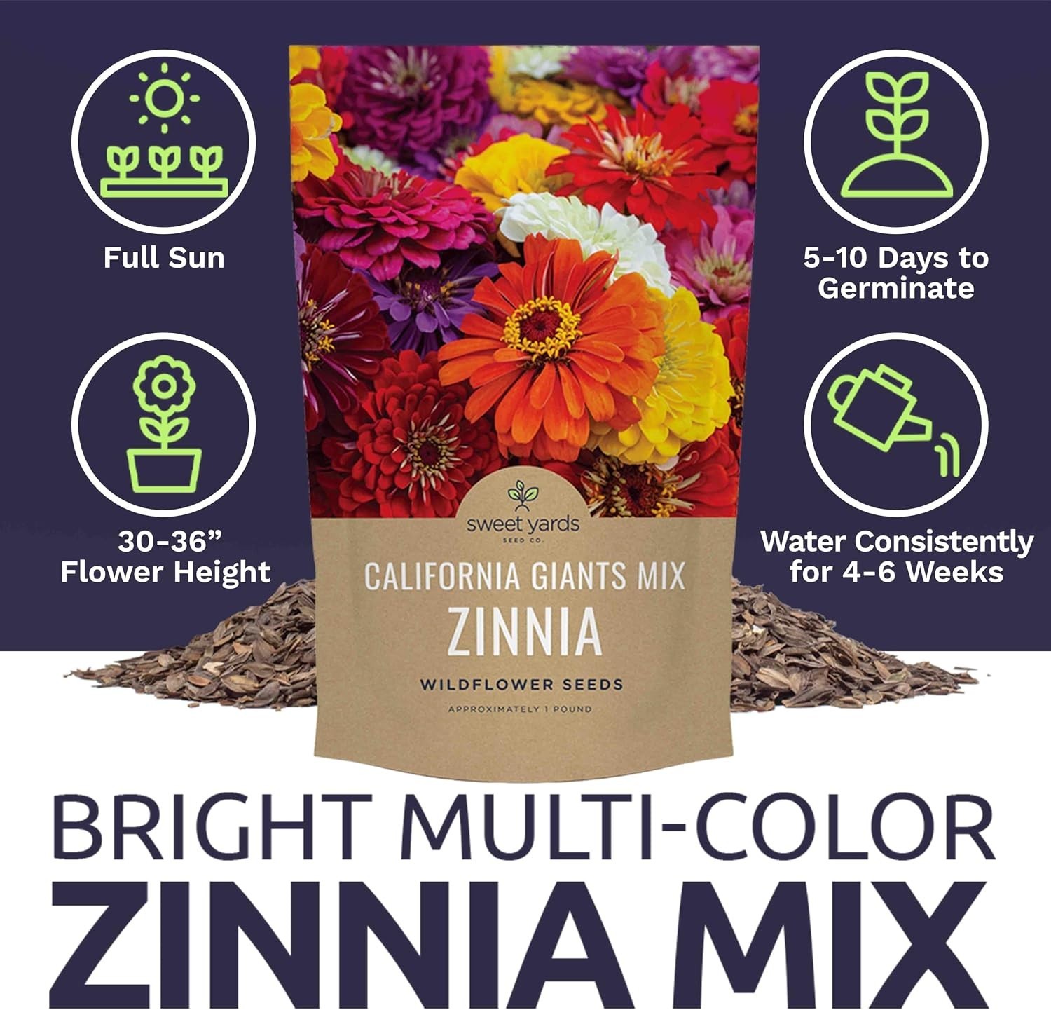 California Giants Zinnia Seeds – 1lb Bag – 48k Flowers
