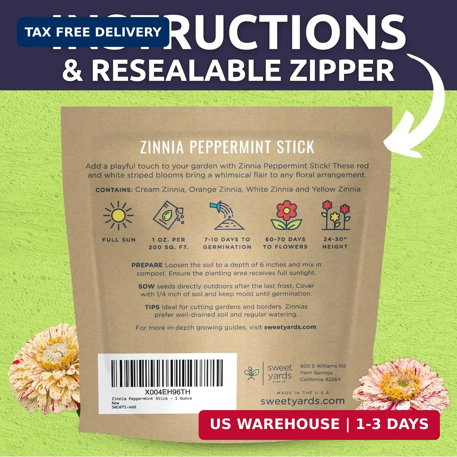 Zinnia Peppermint Stick – Large 1 Ounce Packet – 4,000 Flower Seeds for Planting