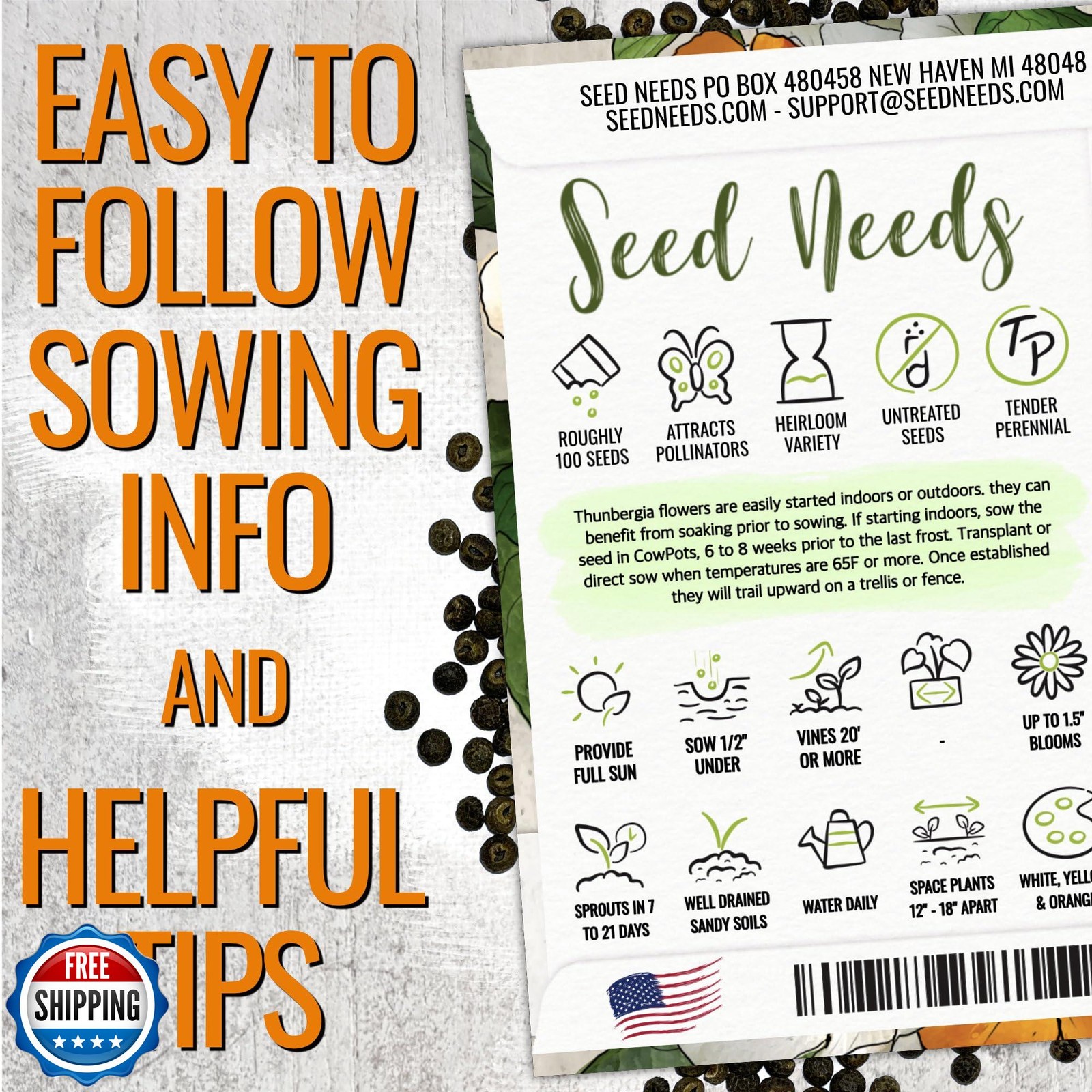 Seed Needs, Black-Eyed Susan Vine Seeds – 100 Heirloom Seeds for Planting Thu