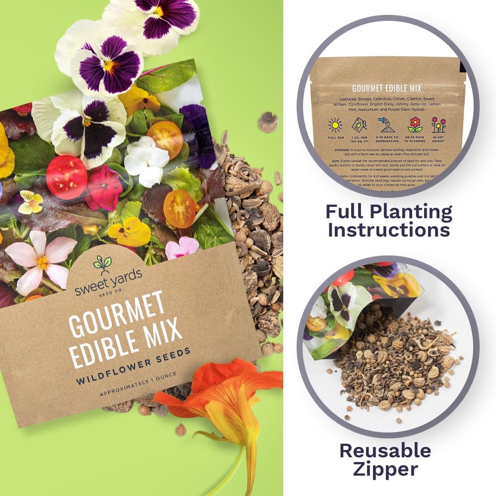 Wildflower Seeds Edible Flowers Mix 1 Ounce, 7000 Open Pollinated Annual Peren