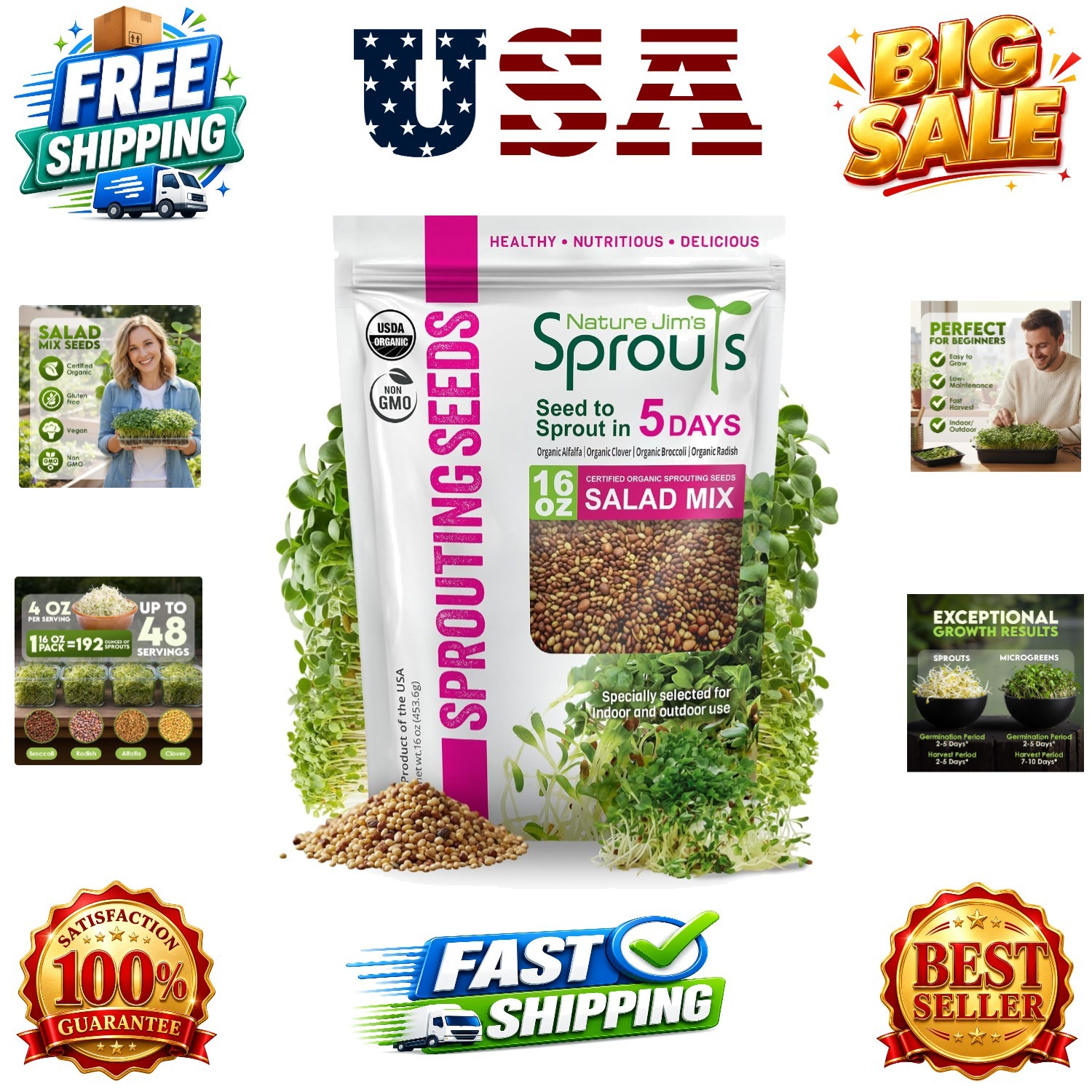 Nature Jim’s Sprouts Organic Salad Mix – Non-GMO Microgreen Seeds, Perfect fo…