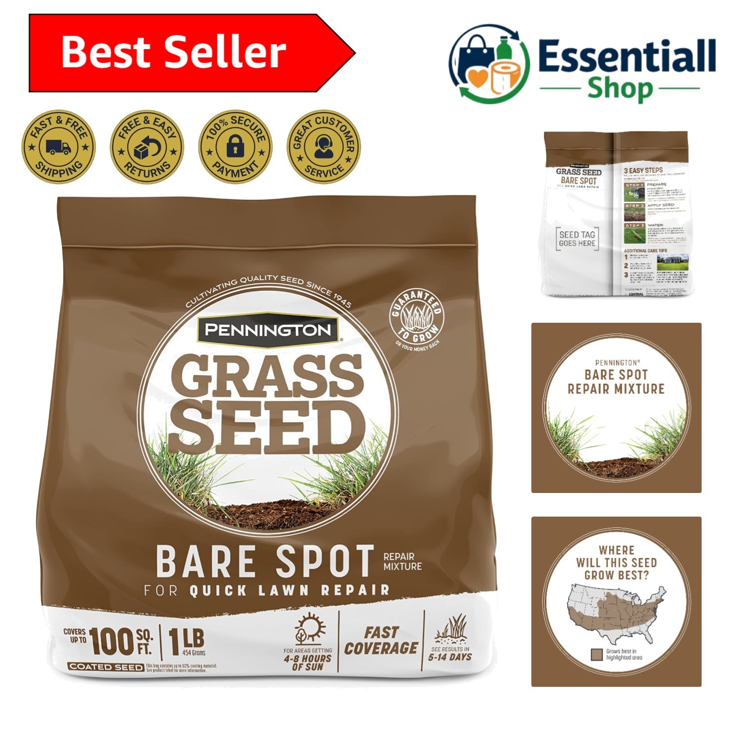 Pennington 1 lb Bare Spot Repair Grass Seed – Quick Establishment for Lush Lawns