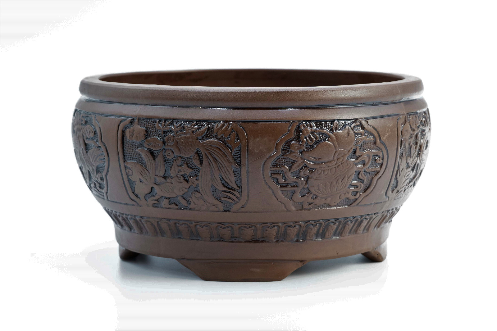 Chinese engraved circle pot outside 13.4″ D x 7″ H