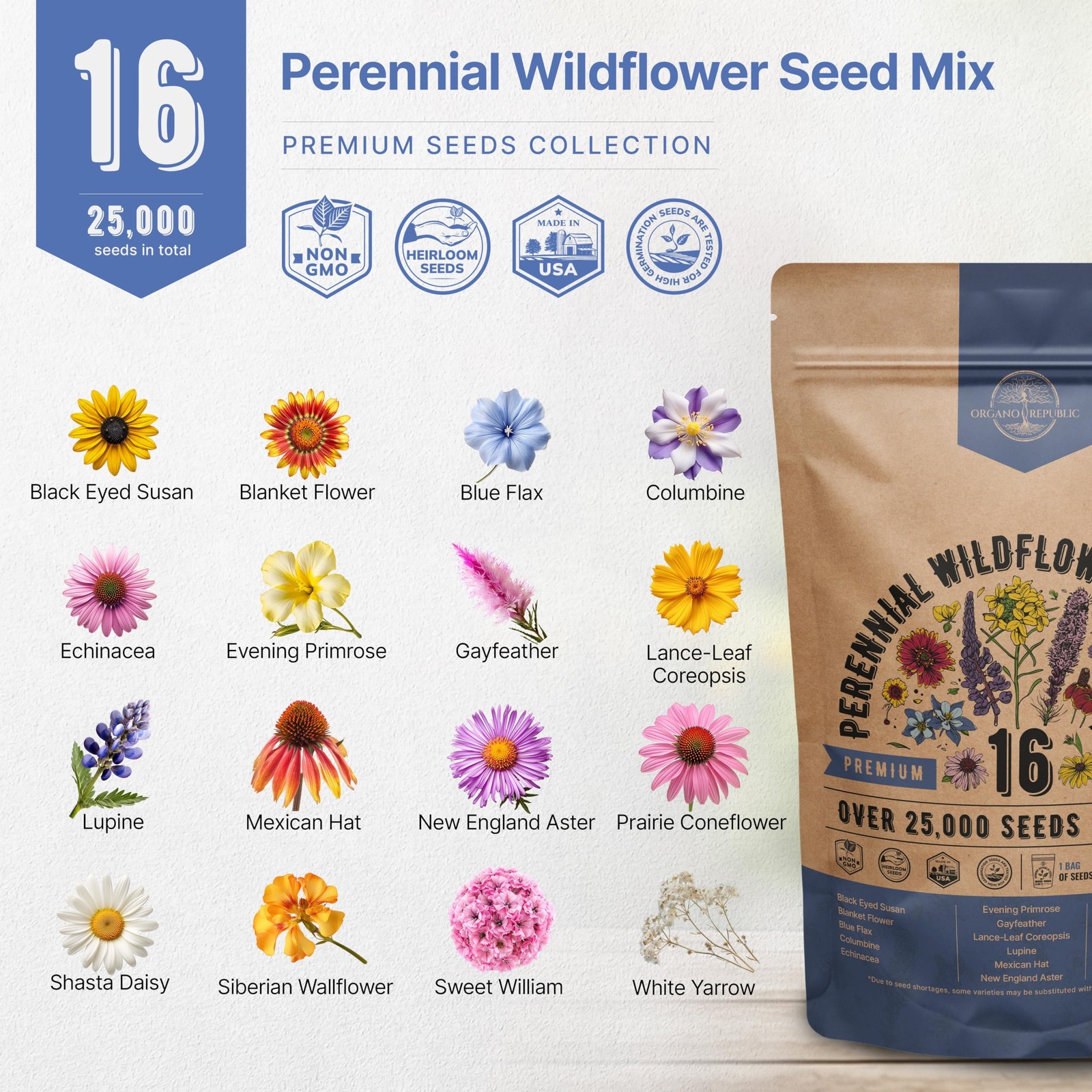 Organo Republic 16 Perennial Wildflower Seeds Mix for Indoor & Outdoors 25,000+