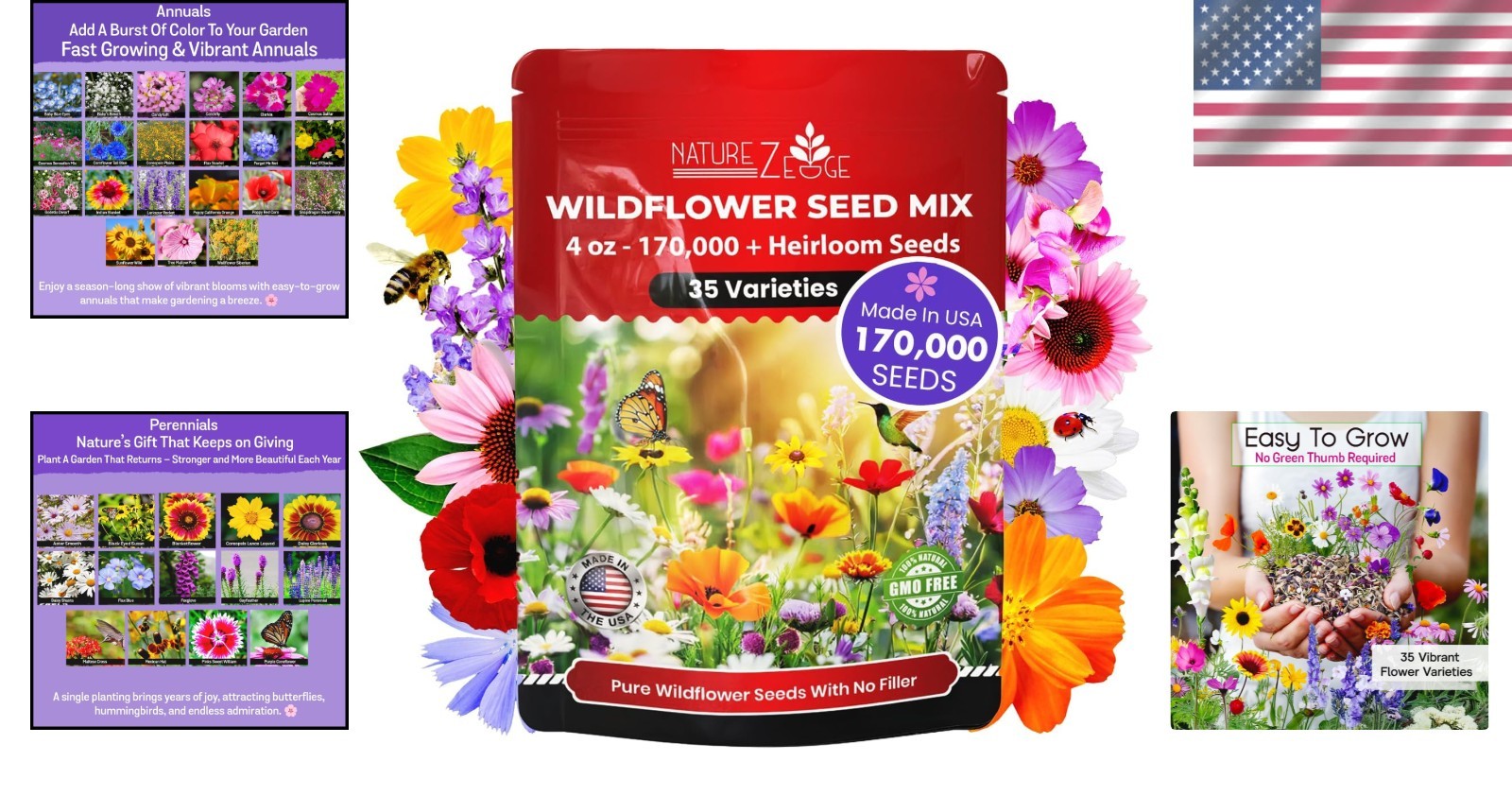Attracts Pollinators Wildflower Seeds – 1/4 lb, 35 Varieties