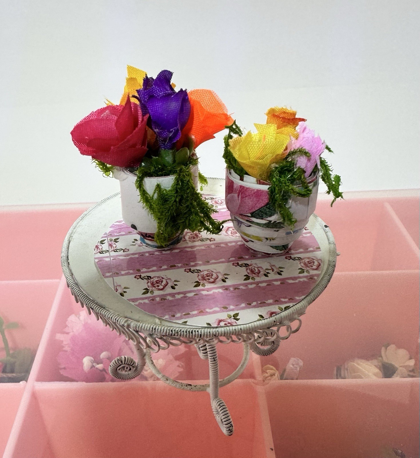 Colorful Miniature Potted Flowering Plants Set Of 2, Dollhouse Decor