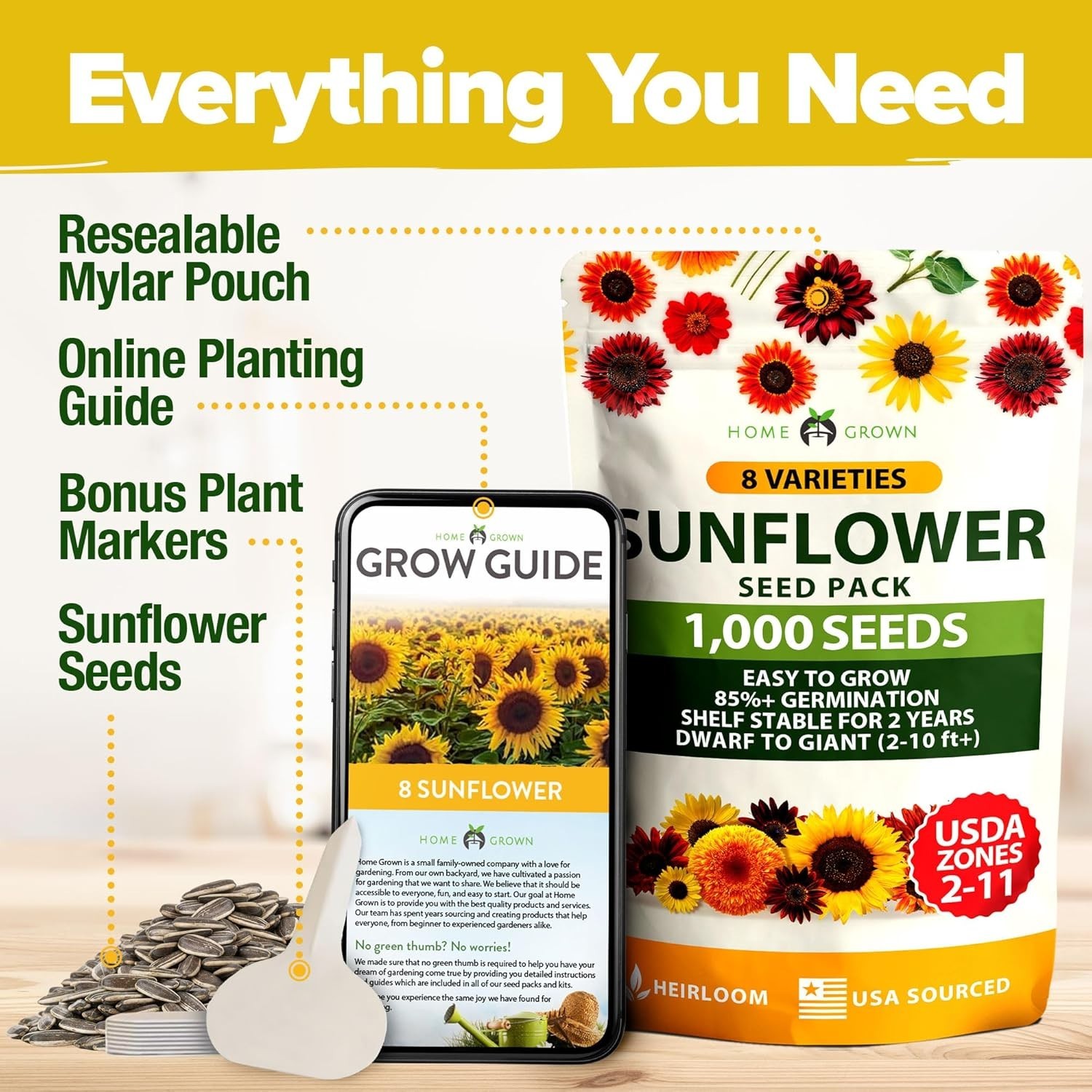 8 Varieties Sunflower Seeds Pack 1000+ Non-GMO for Garden, Indoor & Outdoor