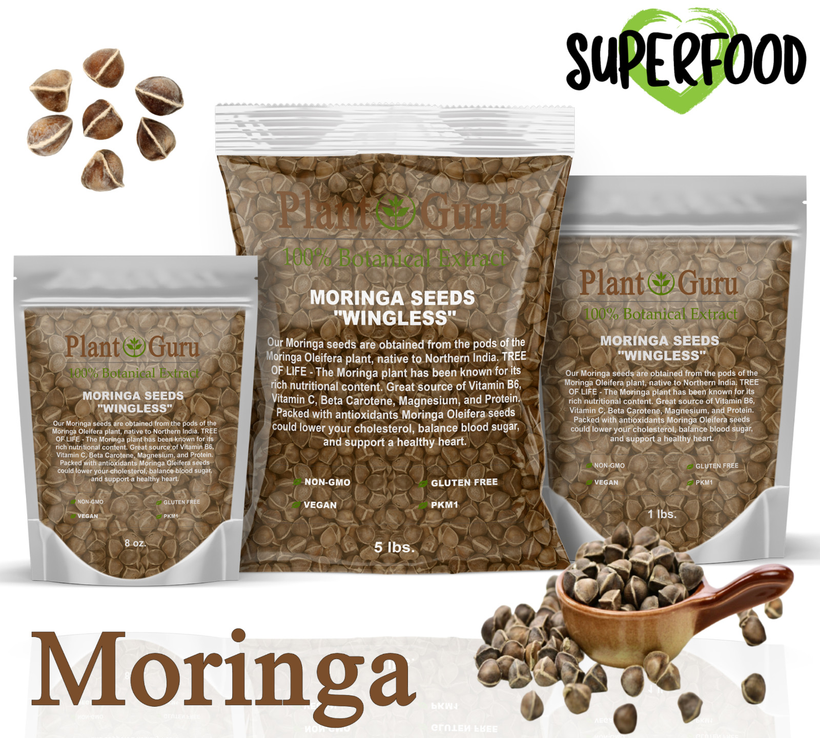 1600 Moringa Oleifera Seeds 1 lb. Bulk Jar WINGLESS Fresh Semillas de Moringa