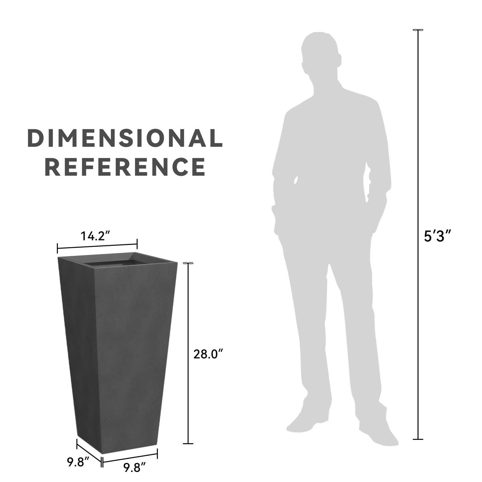 Kante 28 Inch Tall Tapered Concrete Planter, Modern Style Large Plant Pot with D