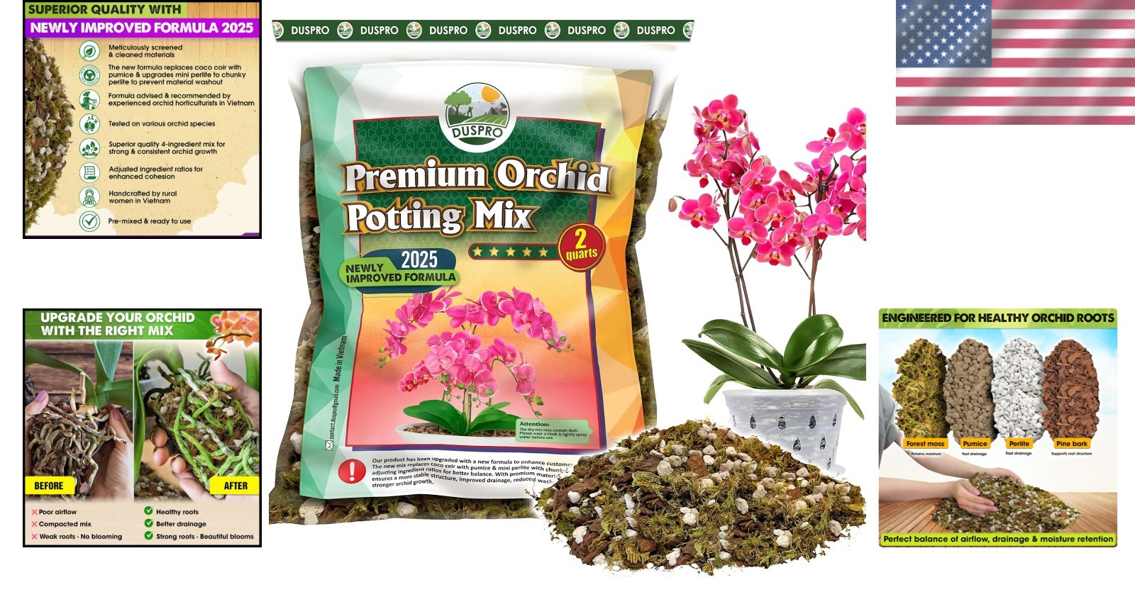 2QT Natural Orchid Potting Medium with Pine Bark & Chunky Perlite – Repot Easily