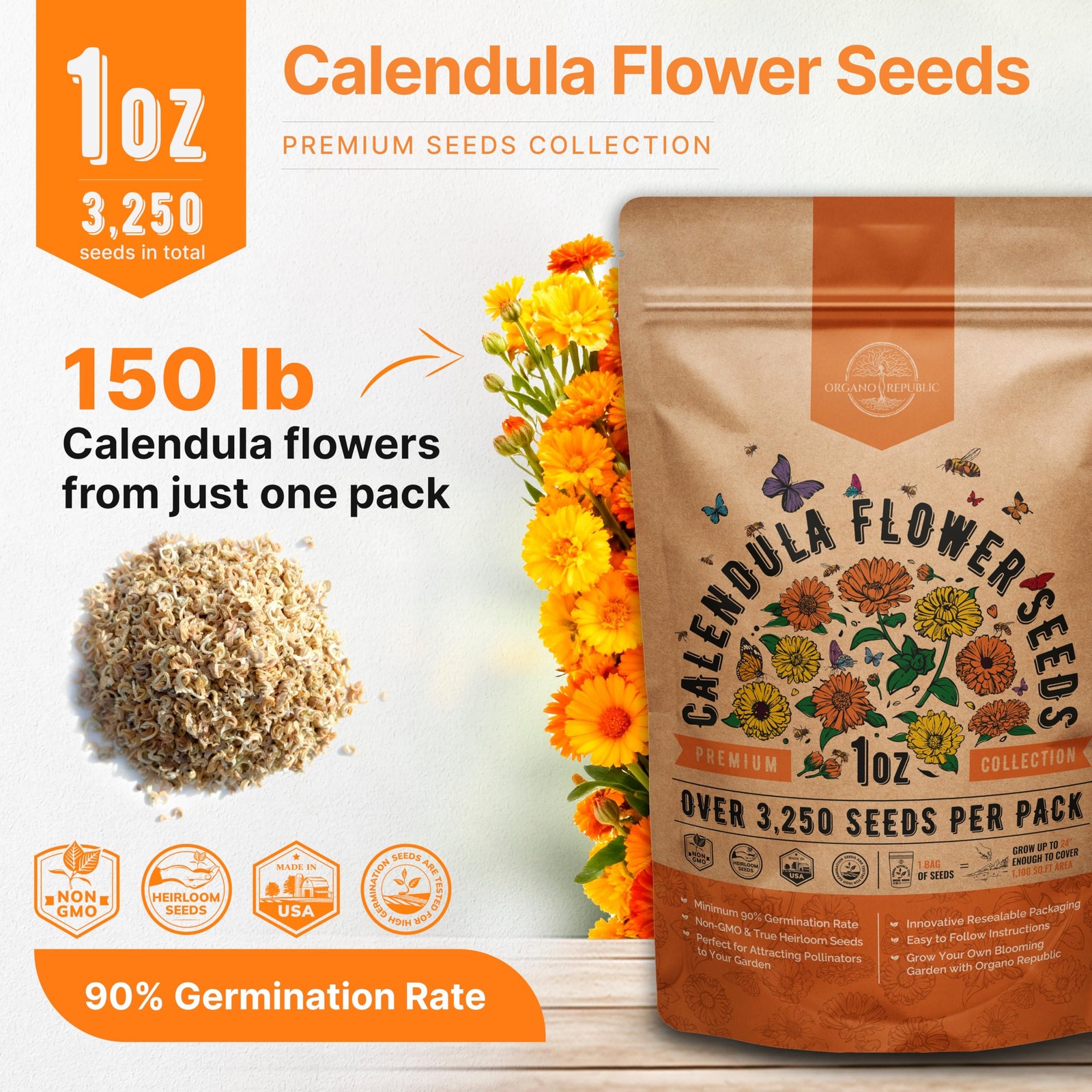 Calendula Seeds Pack 1 oz – Over 3,250 1oz, Orange, Yellow, Red, Green