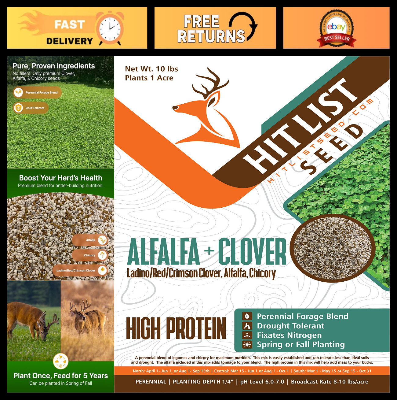Premium Alfalfa & Clover Food Plot Seeds for Deer – Perennial Mix, 10 lbs – Spri