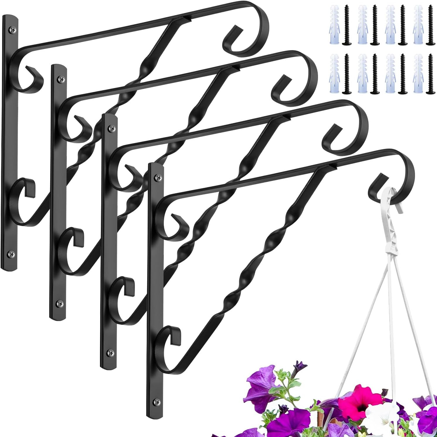 4 Pack Hanging Plant Brackets Outdoor 12″ Metal Fence Wall Plant Hanger Hooks fo