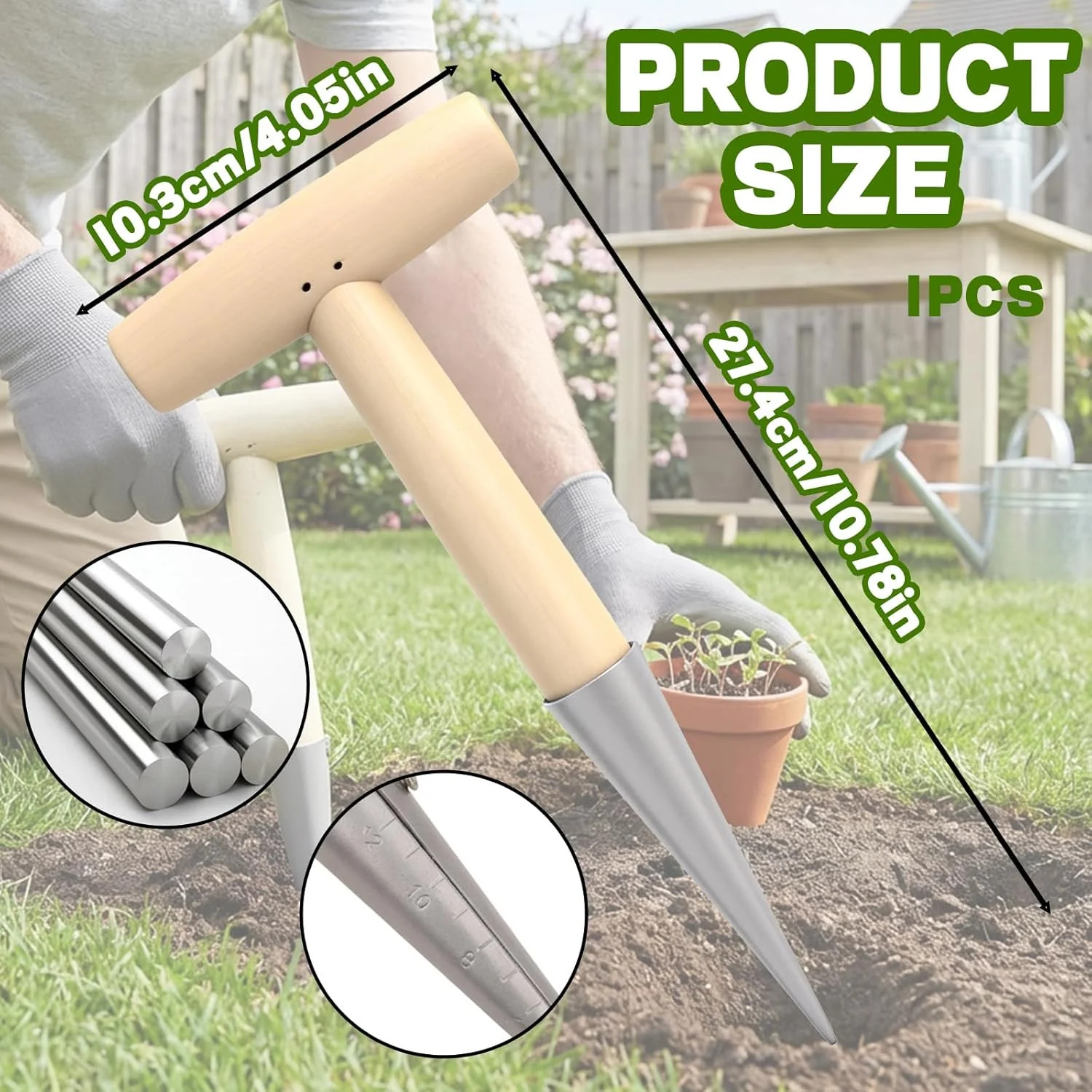 T-Shaped Garden Seed Dibber with Depth Measurements – Stainless Steel Bulb Plant