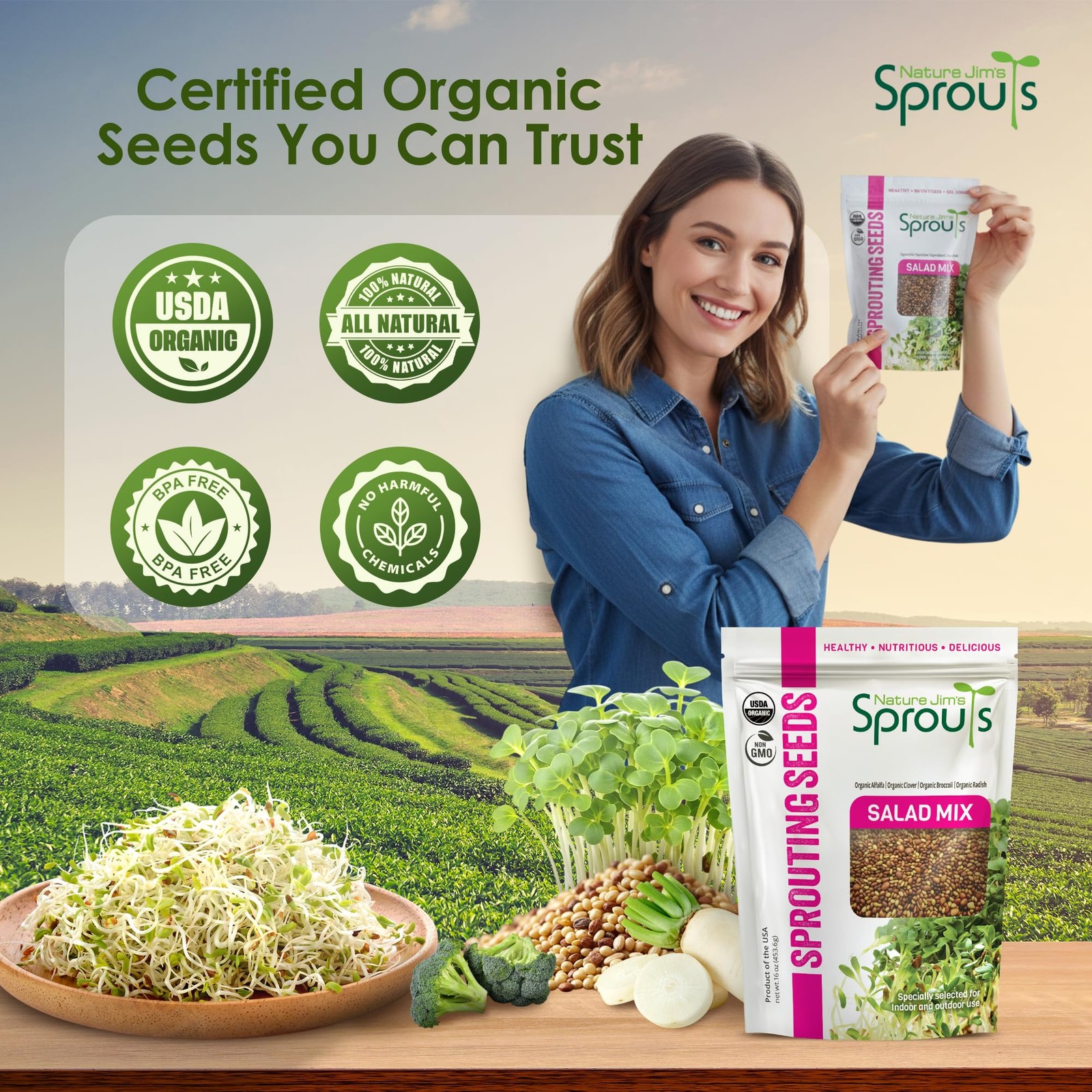 Organic Salad Mix Microgreen Seeds for Nutritious Broccoli, Alfalfa, Radish &