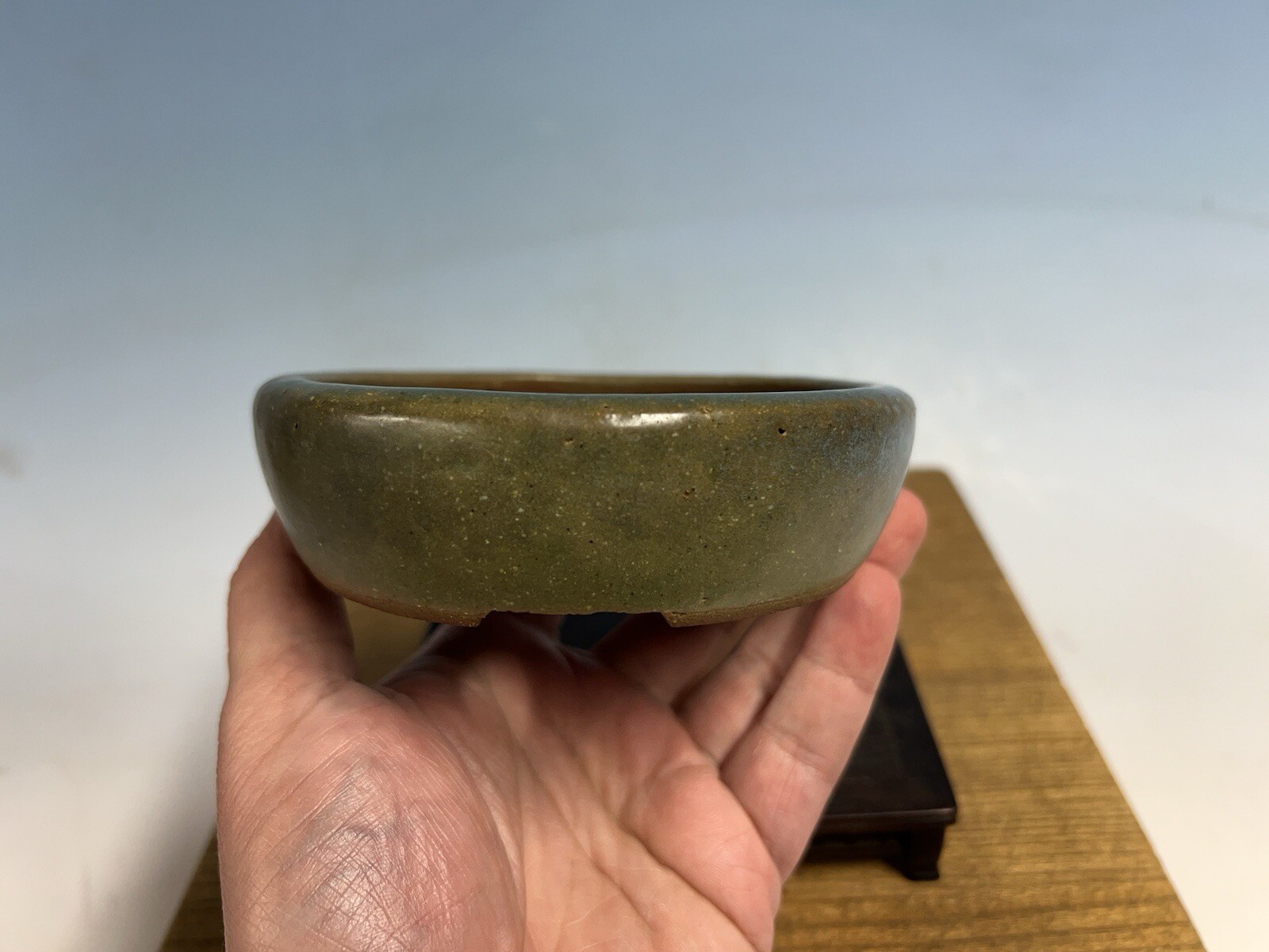 Green Blue Glazed Shohin Size Tokoname Bonsai Tree Pot Yozan 5 5/8” Great Patina