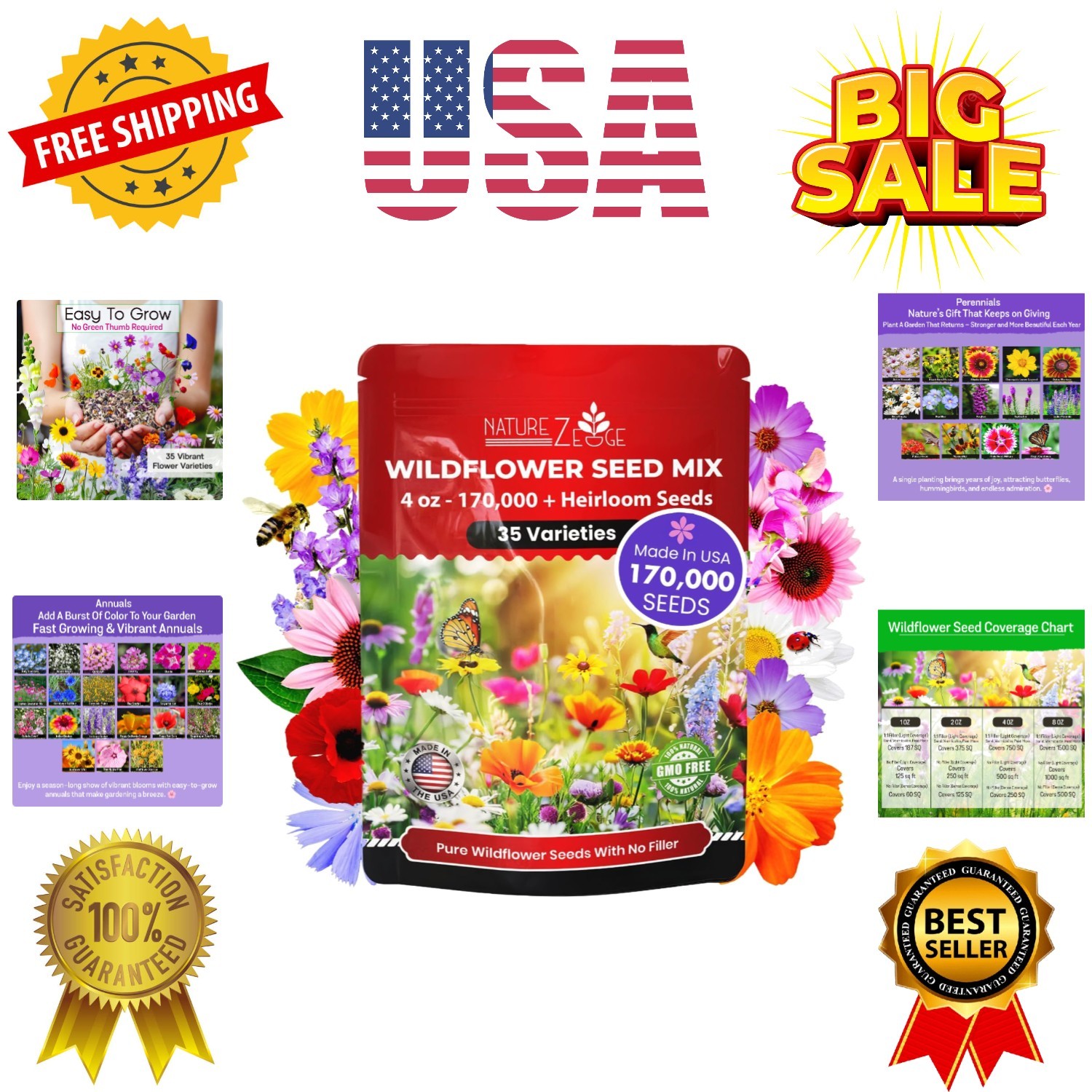 Wildflower Seeds Mix – 1/4 lb, 170,000 Seeds, 35 Variety Perennial & Annual F…