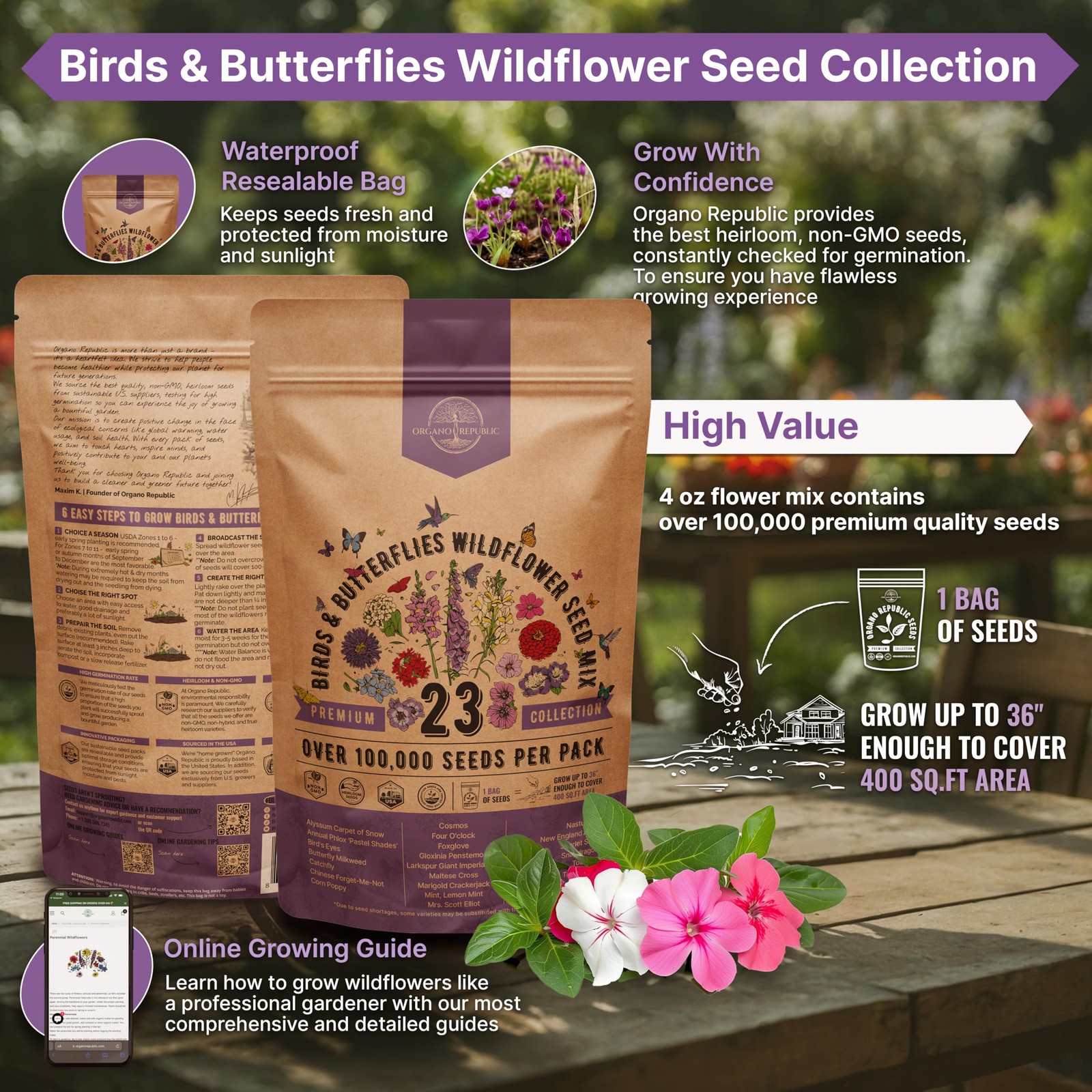 Organo 23 Birds & Butterflies Wildflower Mix 4 oz, Red, Orange, Purple, Pink