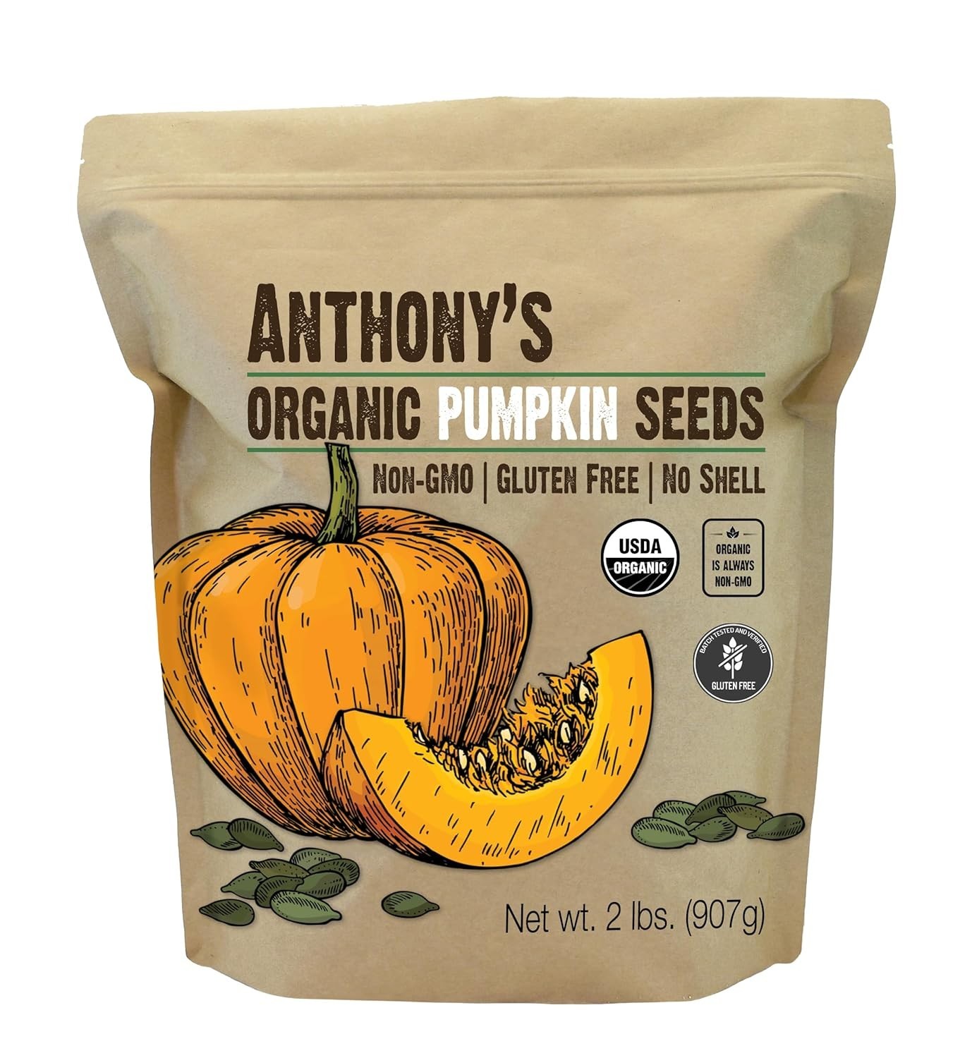 2 lb Resealable Bag of Organic Pumpkin Seeds – Gluten Free, Non-GMO & Unsalted