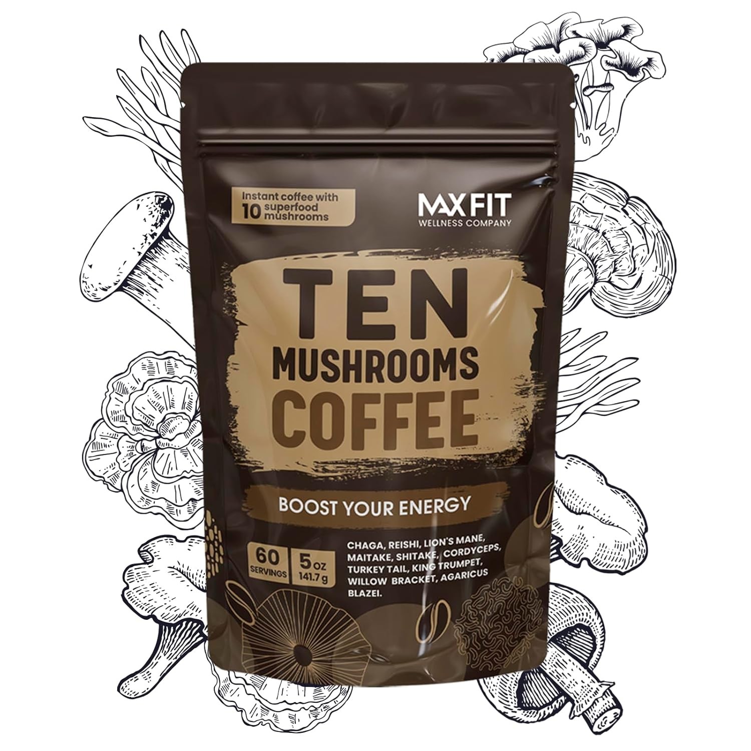 Mushroom Coffee (60 Servings) 10 Mushrooms (Lion’s Mane, Cordyceps, Turkey…