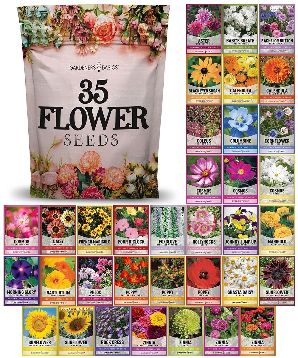 Flower Seeds Packets – 35 Varieties Perennial, Annual & Wildflower Seeds for Bee