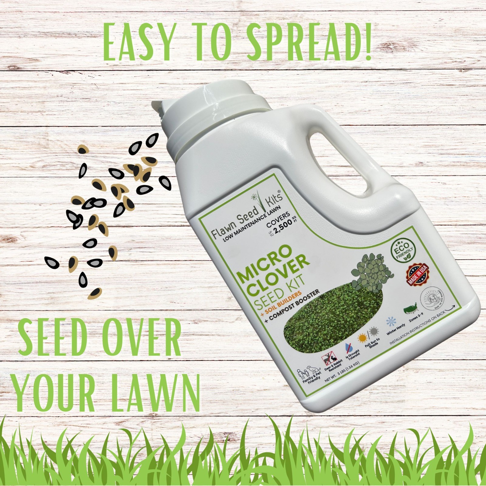 Flawn Seed Kits Micro Clover Seed Kit, Easy Spread Shaker, Low Growing