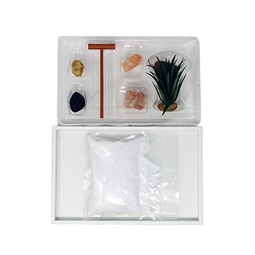 Mini Zen Garden Kit for Desk with White Sand, Rake, White Base, Salt Rectangle